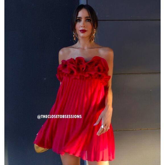 ZARA Red Pleated Mini Dress NWT | Blogger Fave Ruffle Straight Neck - Picture 6 of 16